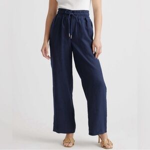 Quince 100% European Linen Wide Leg Pants Deep Navy Blue Elastic Waist M